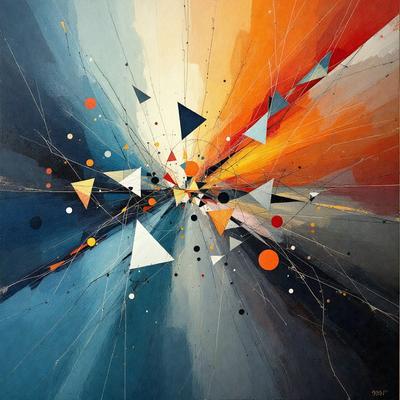 The primary subject of the image is a painting featuring a colorful and abstract design. The setting is a canvas, and the visual style is a mix of digital art and illustration. The painting is predominantly blue, with various shapes and colors, creating a vibrant and lively atmosphere.